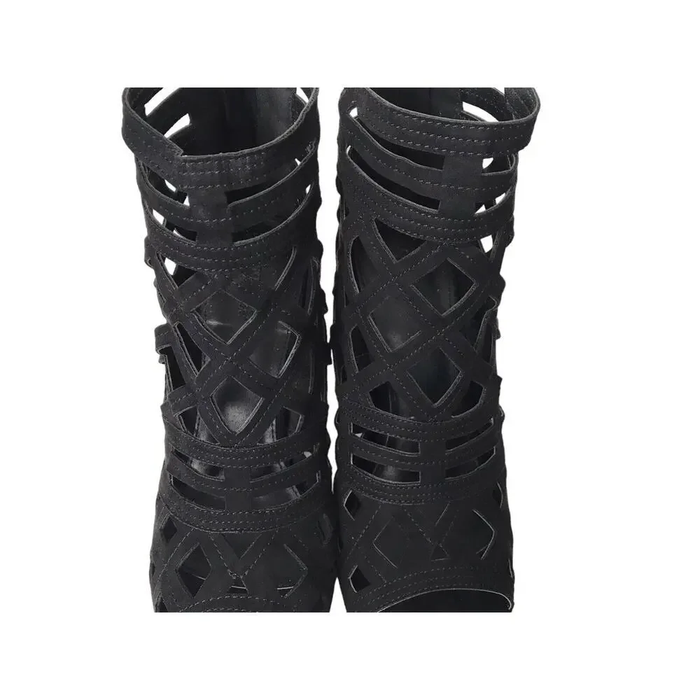 Charlotte Russe Size 10 Cameron Black Block Heel PeepToe Caged Gladiator Sandals